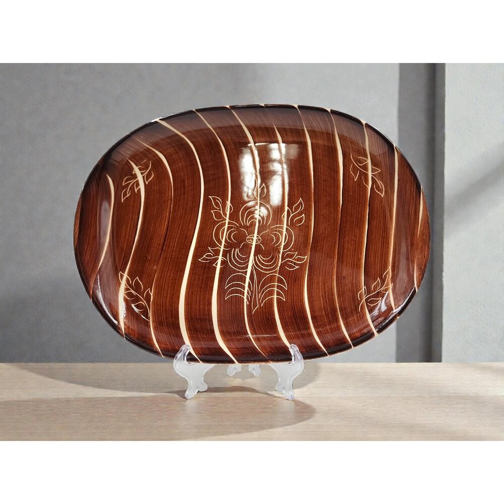 Purinton Intaglio Brown Slipware Oval Platter 12 1/2” USA Hand Painted MCM